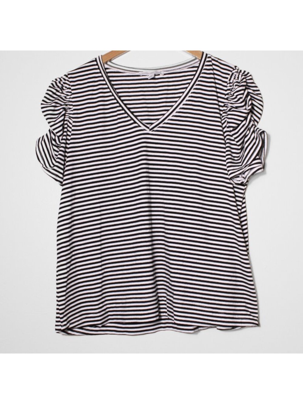 Green Envelope White & Black Striped Ruched Ruffle Short Sleeve Top Size XL